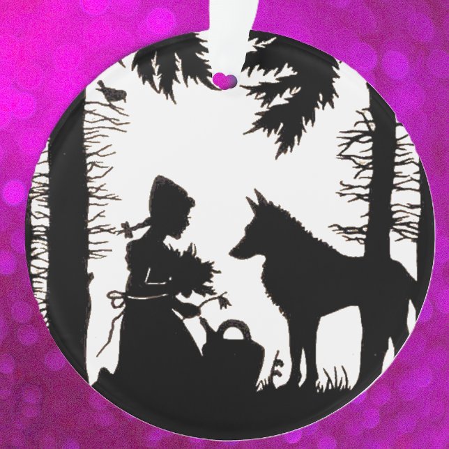 Adorno Silueta negra Red Riding Hood Wolf Woods (black and white Red riding hood in woods with wolf on hanging ornament.)