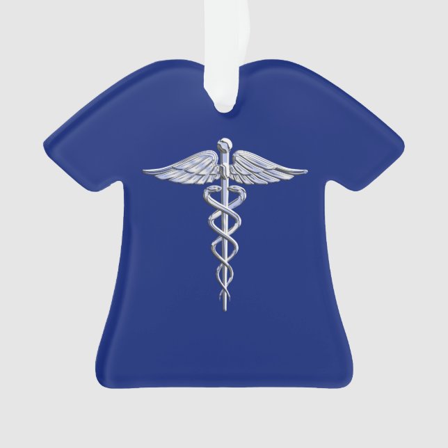 Adorno Símbolo médico cromado estilo Caduceus sobre azul  (Anverso)