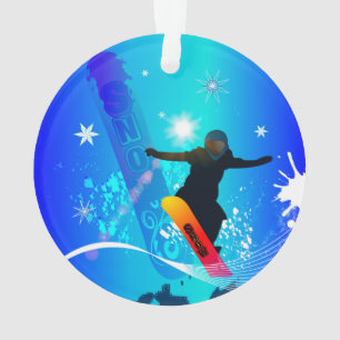 Adorno Snowboard, snowboarder con el tablero en backg