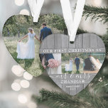 Adorno Sr. y Sra. 4 Foto Primera Navidad Faux Wood<br><div class="desc">Celebrar una feliz primera festividad como pareja casada con un collage de fotos de personalizado 4 "Nuestra primera Navidad como señor. y la señora", adorno acrílico en forma de corazón. Todos los textos e imágenes de esta plantilla son fáciles de personalizar. (IMAGEN PLACEMENT TIP: Una manera fácil de centrar una...</div>