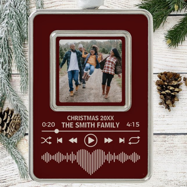 Adorno Streaming Music Player Fotos Red Holiday (red christmas ornament streaming music themed with space for a family photo)