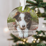 Adorno Superposición de nieve 2 Foto de perro Personaliza<br><div class="desc">Crea tu propio adorno de navidad con esta plantilla de 2 fotos. Diseñado con un overlay de nieve y el gracioso texto 'Happy Howlidays' y name.</div>