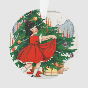 Adorno Tarjeta postal retro de Navidad, niño y árbol de N