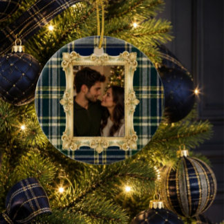 Adorno Tartan Plaid Vintage de Navidad (Azul) Acrílico