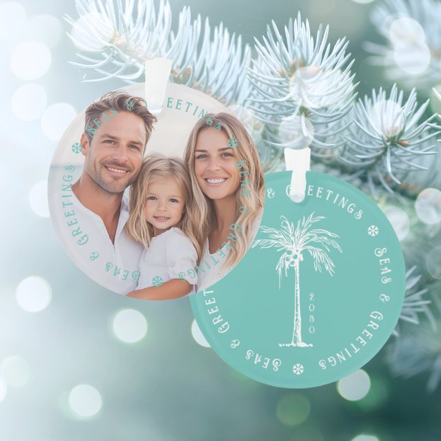 Adorno Tropical Palm Seas & Greetings Christmas Photo (Tropical Palm Seas & Greetings Christmas Photo Ornament)