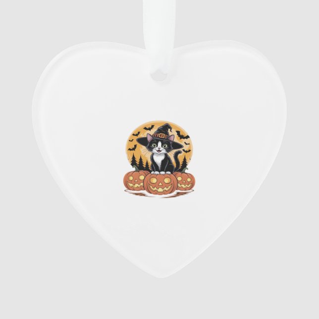 Adorno Tuxedo Cat Halloween Witch Cute Pumpkins Essential (Anverso)