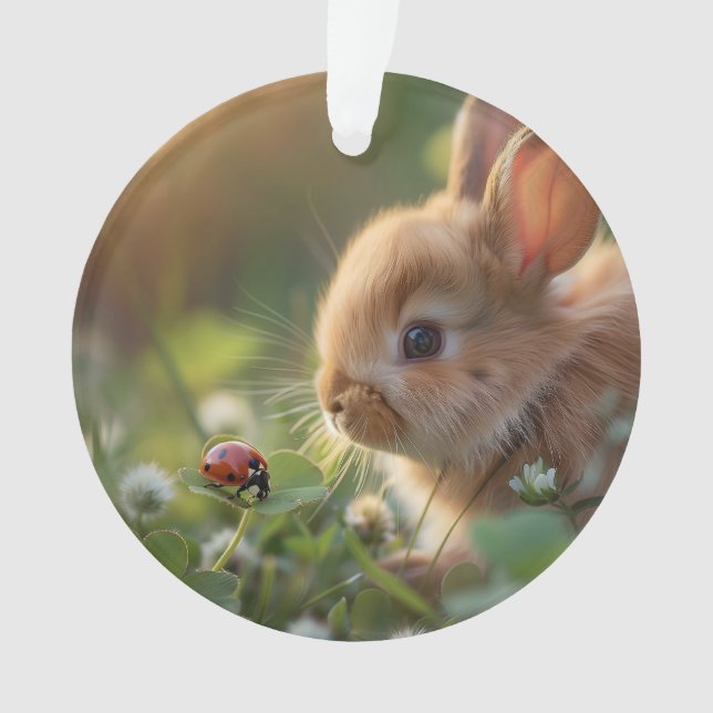 Adorno Un conejo lindo y una mariquita en el campo verde (Anverso)