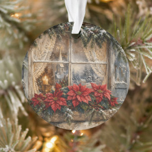 Adorno Ventana de Navidad con Poinsettia Nevada