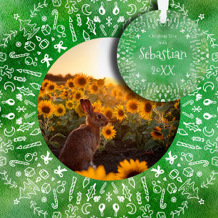 Adorno verde de Navidad con girasoles y conejo