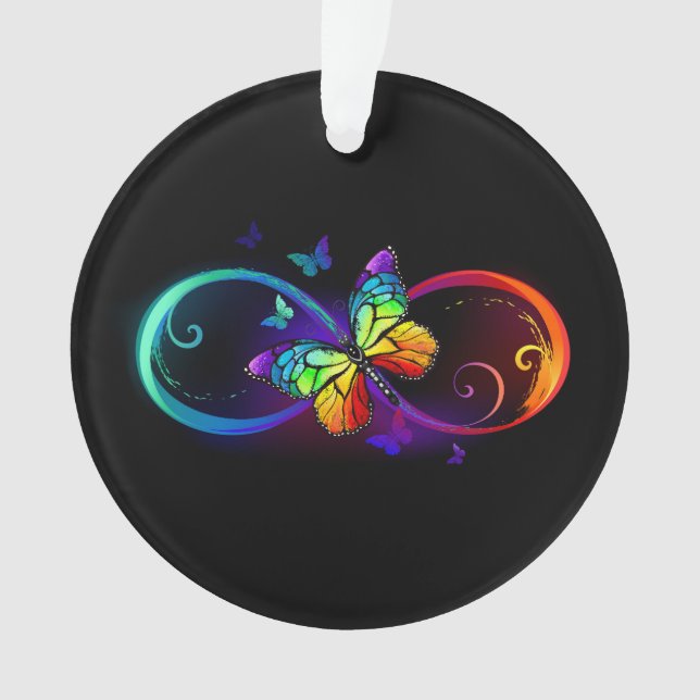 Adorno Vibrant infinity with rainbow butterfly on black (Anverso)