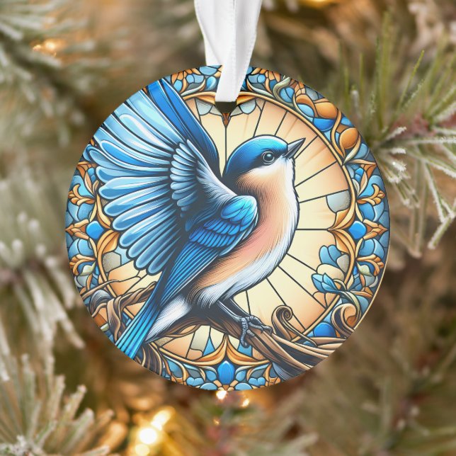 Adorno Vibrante pájaro azul encaramado en vidrio manchado (Árbol)