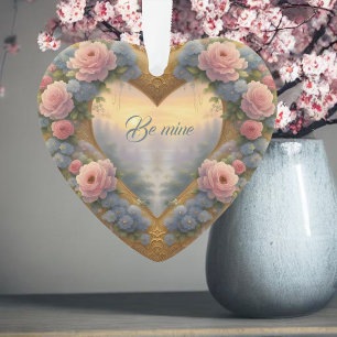 Adorno Victoriano, corazón dorado con flores y palabras
