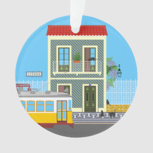 Adorno Vieja casa de Lisboa con gatos y tranvía amarillo