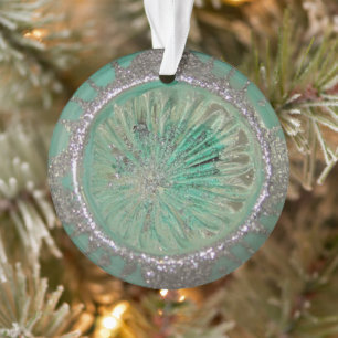Adorno Vintage Navidades de vidrio pelan hielo Verde azul