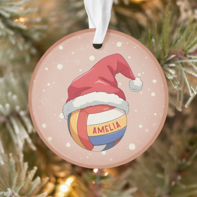 Adorno Volleyball Ball with Red Santa Hat Name Christmas (Árbol)