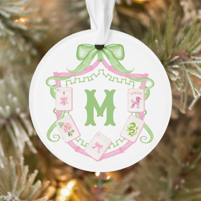 Adorno Watercolor Pink & Green Bow Mahjong Monogram Crest (Árbol)