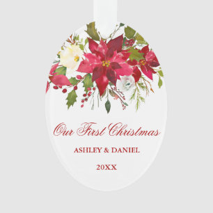 Adorno Watercolor Poinsettia Floral First Christmas Rd