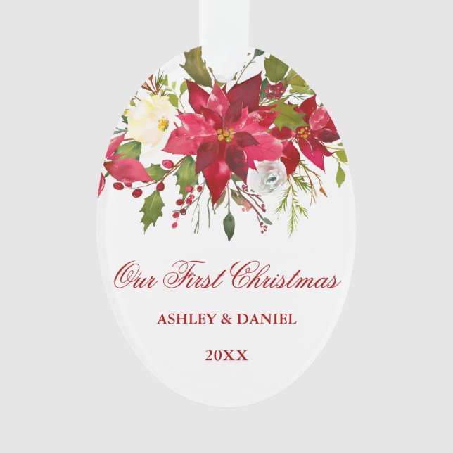 Adorno Watercolor Poinsettia Floral First Christmas Rd (Anverso)