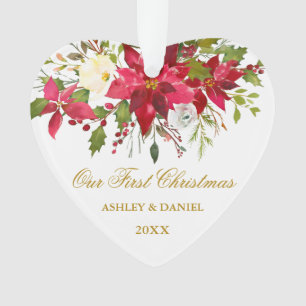 Adorno Watercolor Poinsettia Floral Primer Oro de Navidad