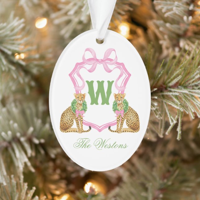 Adorno Watercolor Preppy Leopard Christmas Monogram Crest (Árbol)