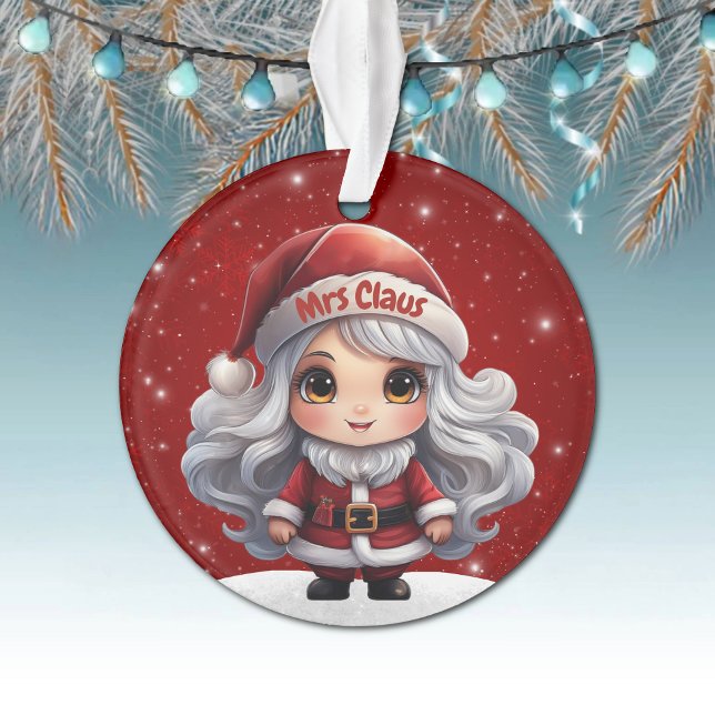 Adorno Whimsical Mrs Claus Red Sparkle Decor Xmas 🎄🤶🏻 (Whimsical Mrs Claus Berry Red Sparkle Decor Xmas Snow Ornament Customizable Text Santa Hat 🤶🏻🎄)