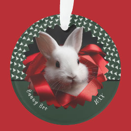 Adorno White bunny with red ribbon on green holiday 
