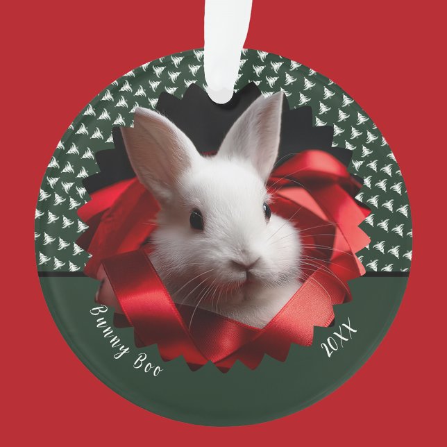 Adorno White bunny with red ribbon on green holiday  (Subido por el creador)