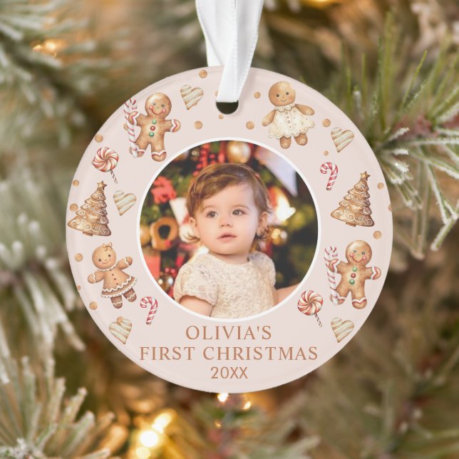 Adorno Winter Gingerbread Baby First Christmas Photo (Árbol)