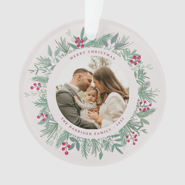 Adorno Winter Greenery Christmas Photo Wreath Ornament (Anverso)