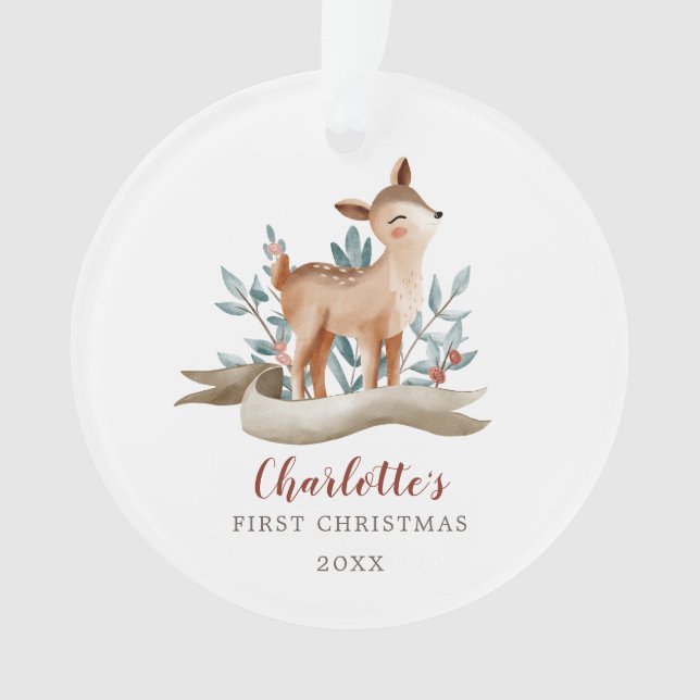 Adorno Woodland Deer Baby Girl Primera Foto De Navidad (Anverso)