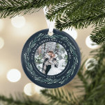 Adorno Wreath de invierno | Primera foto de Navidades cas<br><div class="desc">Un regalo perfecto para los recién casados, este elegante adorno navideño acrílico tiene fotos frontales y traseras rodeadas de una corona de hojas verdes oscuras y bayas blancas sobre un fondo azul marino. "Nuestra primera Navidad como Sr. Y la señora" se curva sobre la parte superior de cada foto, con...</div>