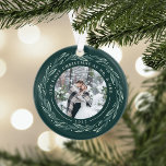 Adorno Wreath de invierno | Primera foto de Navidades cas<br><div class="desc">Un regalo perfecto para los recién casados, este elegante adorno navideño acrílico tiene fotos frontales y traseras rodeadas de una corona de hojas verdes oscuras y bayas blancas sobre un fondo verde cazador. "Nuestra primera Navidad como Sr. Y la señora" se curva sobre la parte superior de cada foto, con...</div>