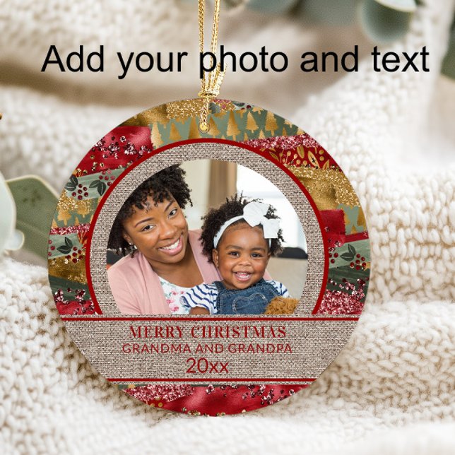 Adorno Xmas Abuelo Abuelo Rojo Oro Verde Burlap (Add your photo and text.)