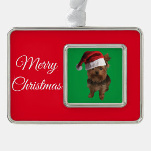 Adorno Yorki Adorable con un Sombrero de Santa Claus
