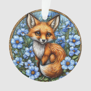 Adorno Zorro Adorable Rodeado de Flores Azules Vibrantes