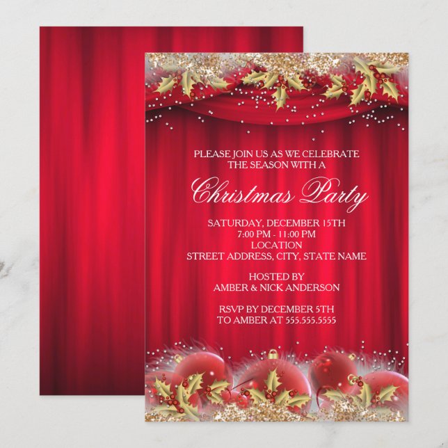 Adornos de Acebo Rojo Dorado Invitación de Fiesta  (Anverso / Reverso)