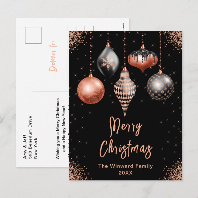 Adornos de Oro Negro y Rosa Feliz Navidad (Anverso / Reverso)