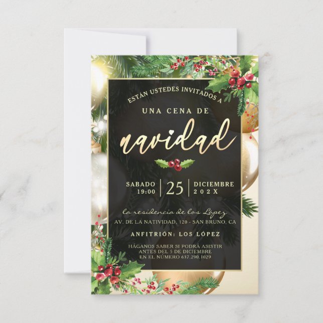 Adornos Dorados Invitación a una Ceña Navideña (Anverso)