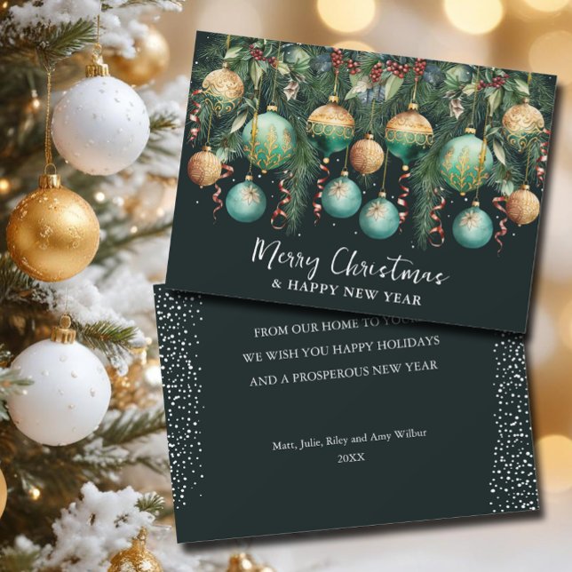 Adornos Elegantes para Árbol de Navidad (Chic Merry Christmas gold and green tree ornaments flat holiday greeting cards)