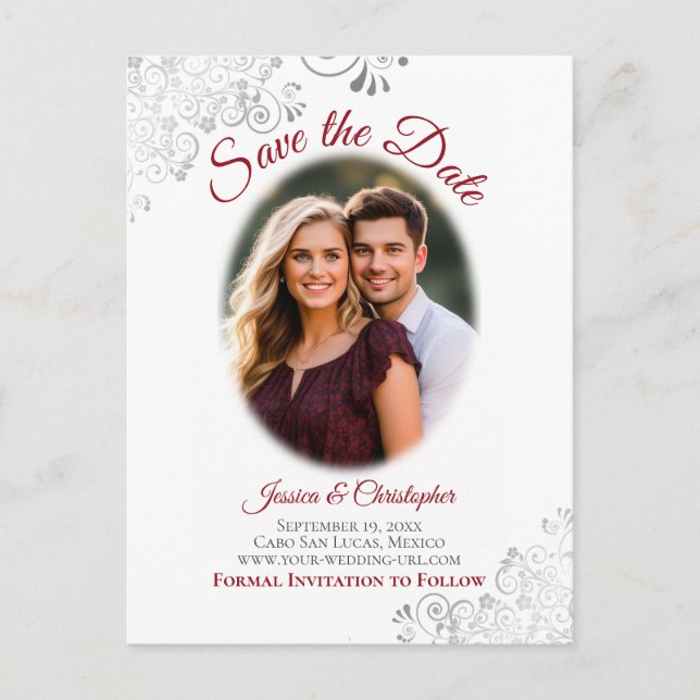 Adornos plateados con fotografía Tarjeta de boda r (Anverso)