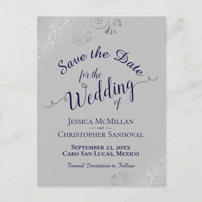 Adornos plateados en tarjeta de boda en azul marin (Anverso)