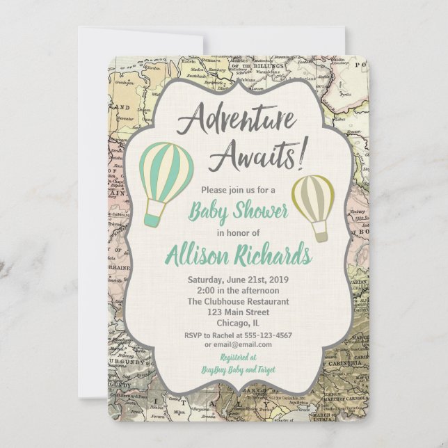 Adventure Awaits boy baby ducha invitaciones (Anverso)