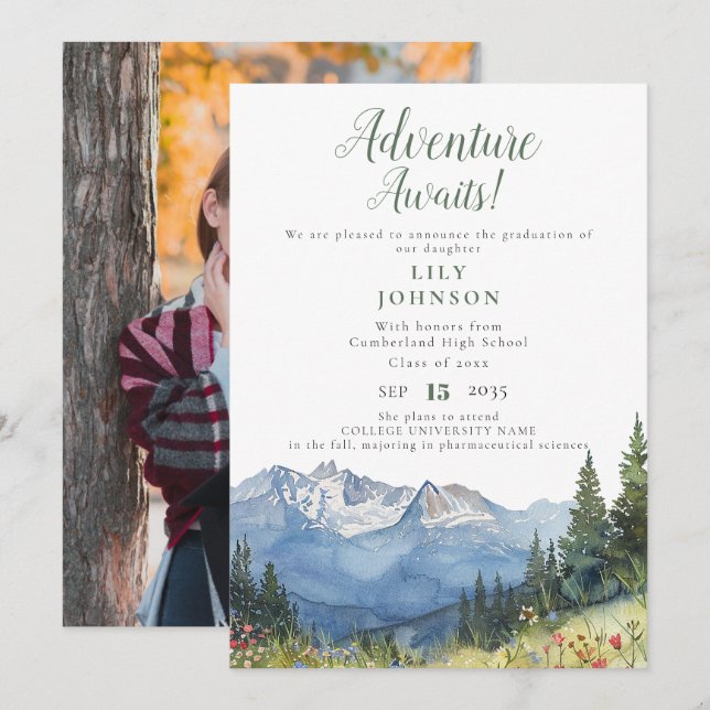 Adventure Awaits Mountains Invitación de graduació (Anverso / Reverso)