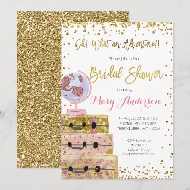 Adventure Bridal Shower Invitación Purpurina de or (Anverso / Reverso)