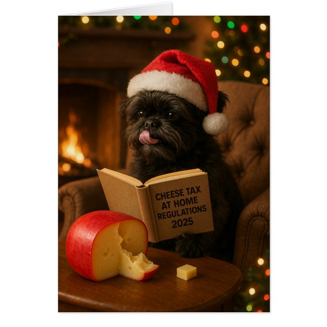 Affenpinscher 'Cheese Tax' Christmas card (Frente)