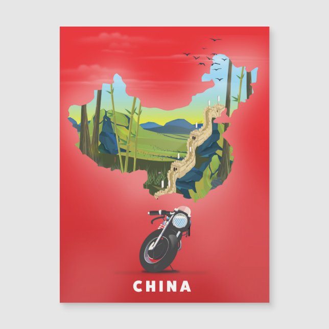 Afiche de viaje con mapa ilustrado de China (Anverso)