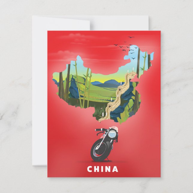 Afiche de viaje con mapa ilustrado de China (Anverso)