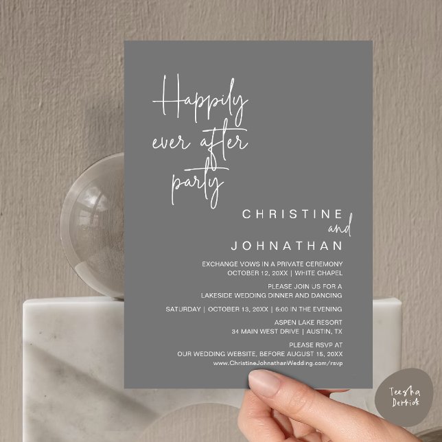 Afortunadamente Después De La Invitación Del Fiest (Happily Ever After Wedding Elopement Dinner Brunch Lunch Party Invites Card, PDF, Dark Grey)