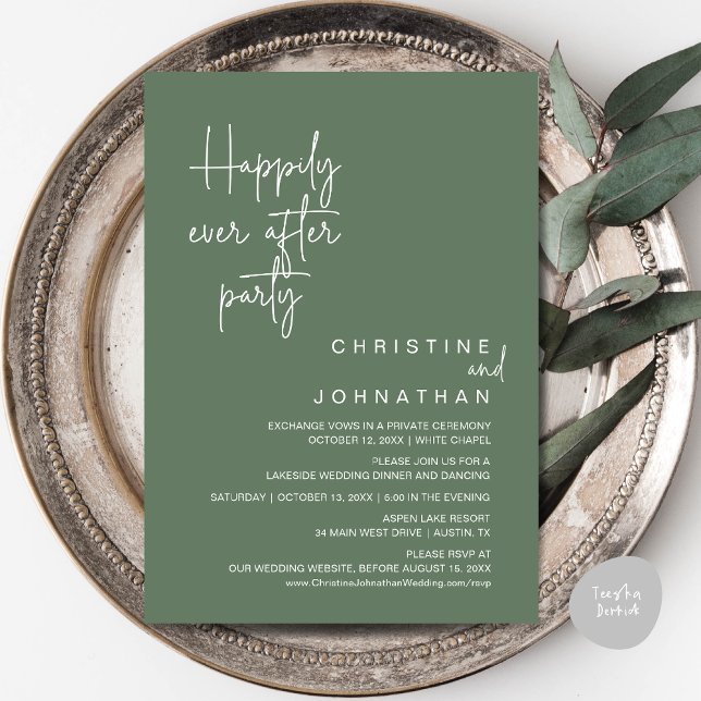 Afortunadamente Después De La Invitación Del Fiest (Happily Ever After Wedding Elopement Dinner Brunch Lunch Party Invites Card, PDF, Forest Green sage)