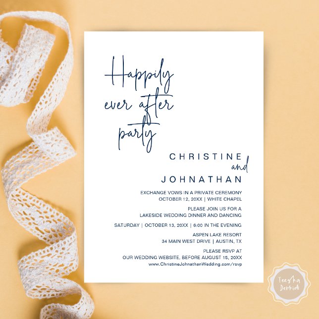 Afortunadamente Después De La Invitación Del Fiest (Happily Ever After Wedding Elopement Dinner Brunch Lunch Party Invites Card, PDF, Navy Blue)